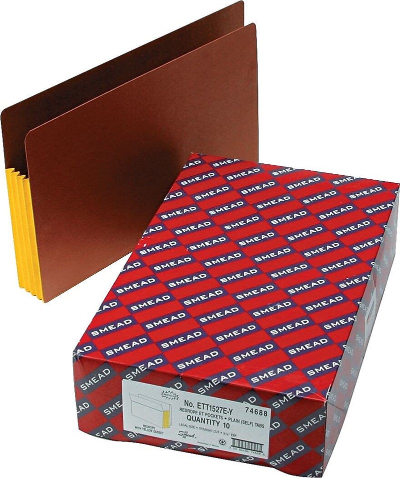 Smead End Tab Pocket, Reinforced Straight-Cut Tab, 3-1/2" Expansion, Extra Wide Legal Size, Redrope with Yellow Gusset, 10 per Box (74688) - Image 2